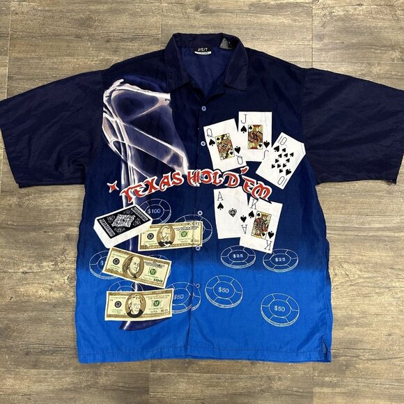 Texas Hold em Button Up Shirt Men Size XL Vintage‎ JET Strtwr AOP Polyester (33) - Picture 2 of 12